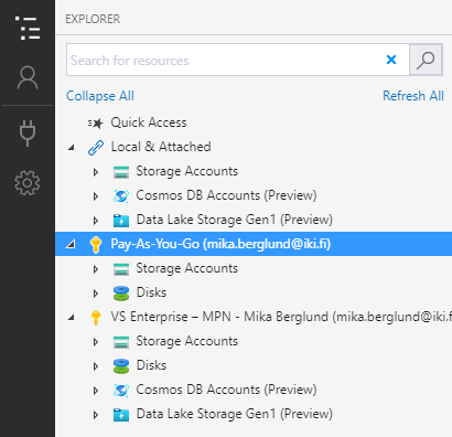 Your selected Azure subscriptions are listed in Azure Storage Explorer.