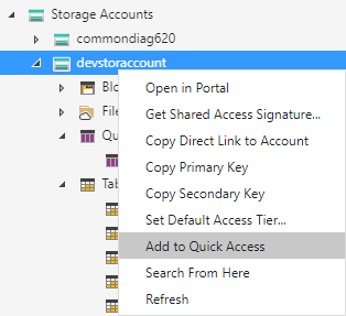 Add storage account to Quick Access.