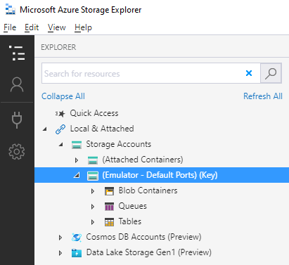Azure Storage Explorer is connected to the local storage emulator by default.