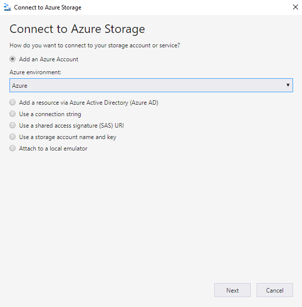 Select how you want to connect to the Azure resources.