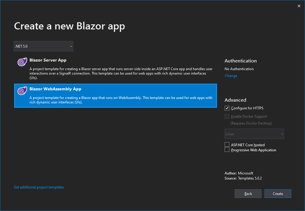 Project creation dialog in Visual Studio 2019 showing how to create a Blazor WebAssembly application using .NET 5.